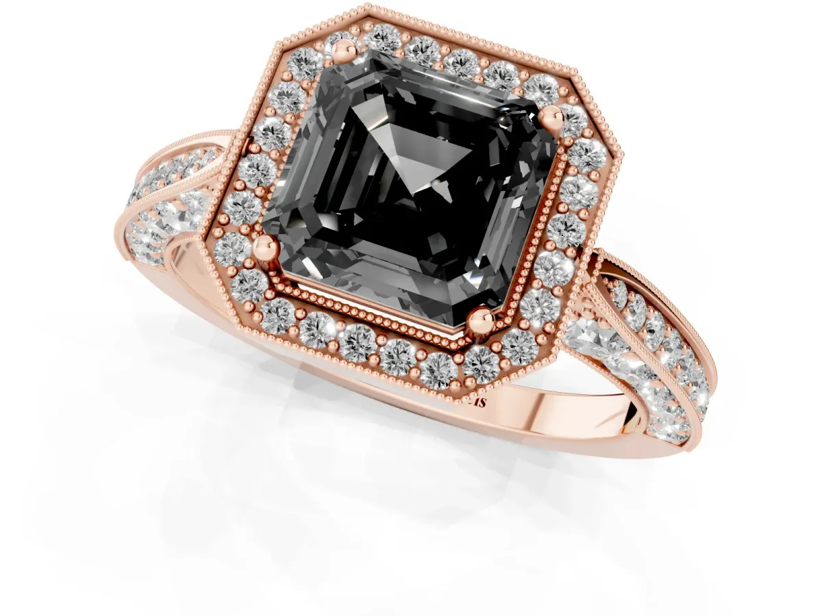 Fancy Black Asscher Cut Halo Diamond Engagement Ring with Split Shank Band and Four-Prong Setting Rose gold
