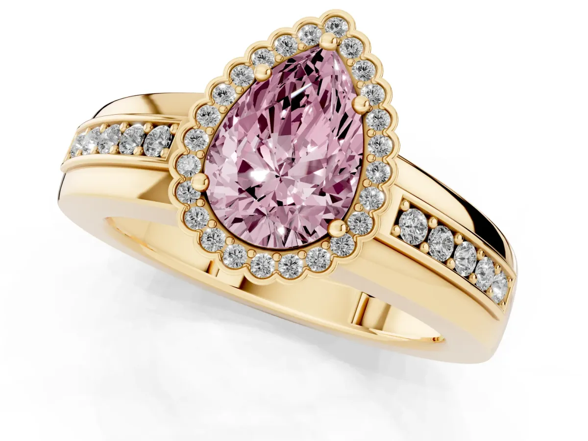 Fancy Pink Pear Cut Cut Halo Pave Band Four-Prong Ring Yellow gold