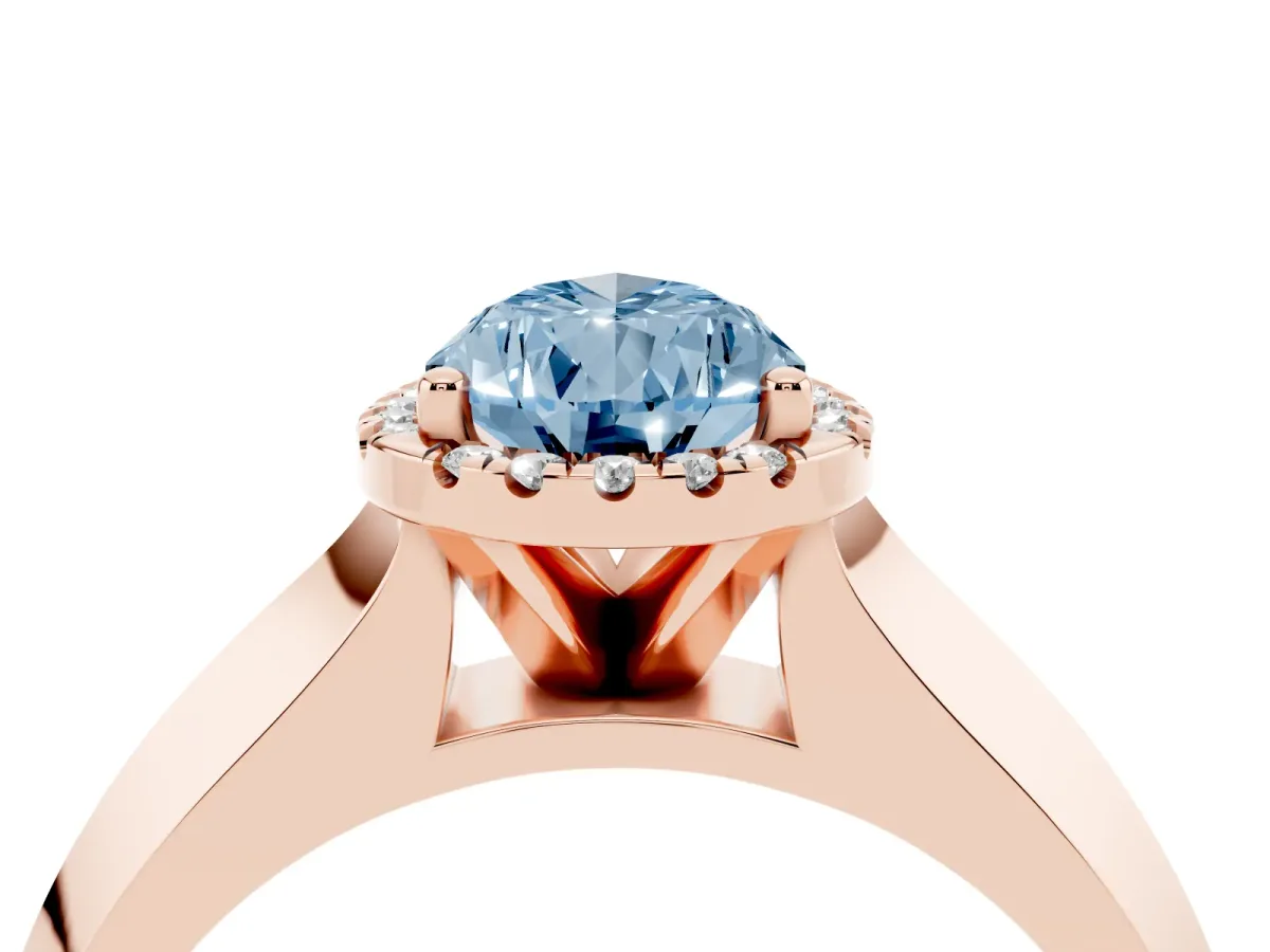 Fancy Blue Pear Cut Halo Diamond Ring with Cathedral Band and Four-Prong Setting Rose gold
