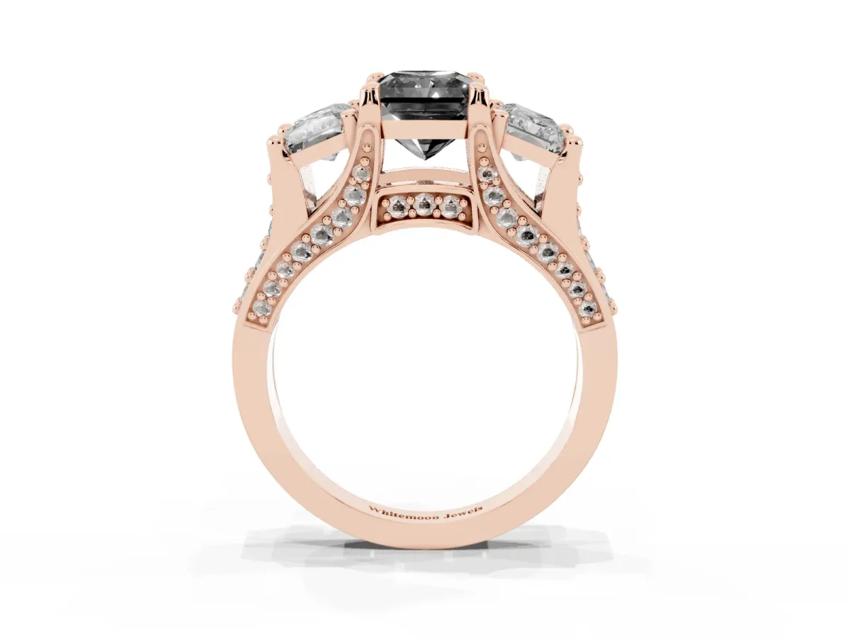 Fancy Black Radiant Cut Diamond Three-Stone Ring with Channel Set Band and Four-Prong Setting Rose gold