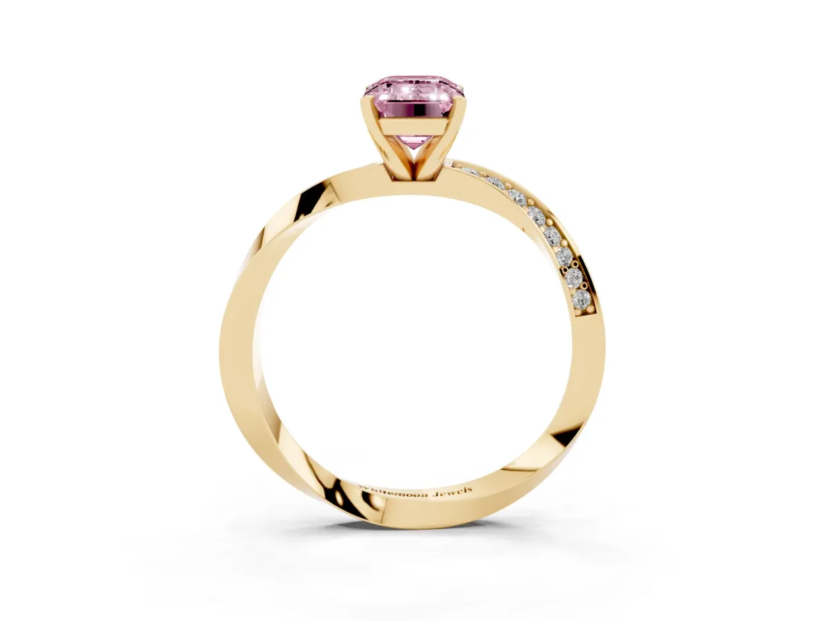 Fancy Pink Emerald Cut Diamond Engagement Ring with Side Stone Accents and Four-Prong Setting Yellow gold