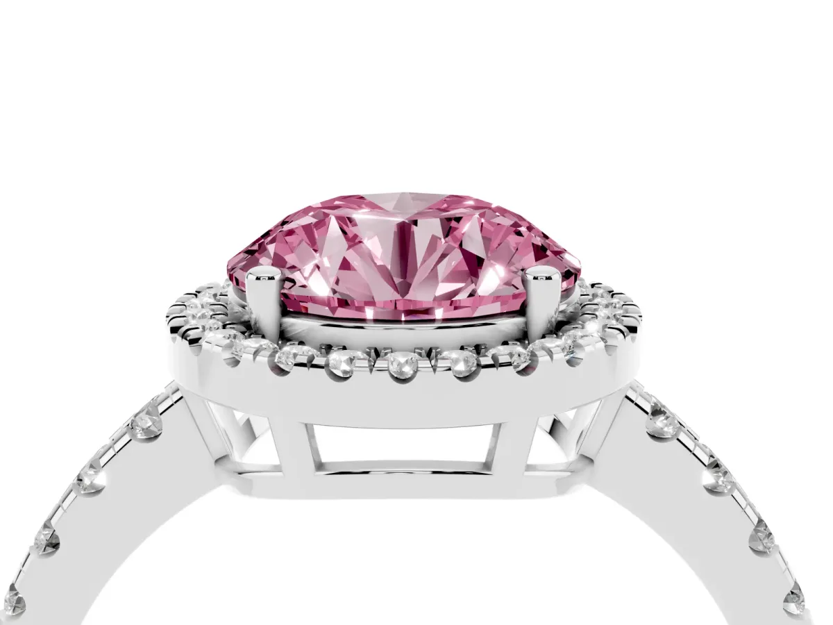 Fancy Pink Round Cut Diamond Halo Ring with Pavé Band and Four-Prong Setting Platinum