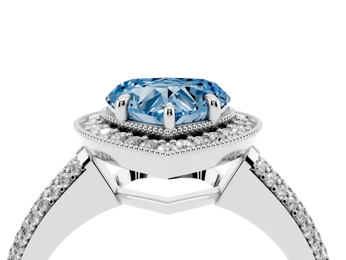Fancy Blue Heart Cut Cut Halo Diamond Pave Band with Four-Prong Setting Platinum