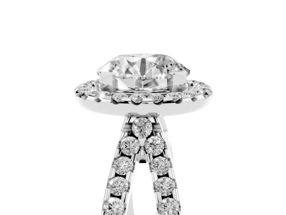 Round Cut Diamond Halo Ring with Split Shank Pavé Band and Prong Setting Platinum
