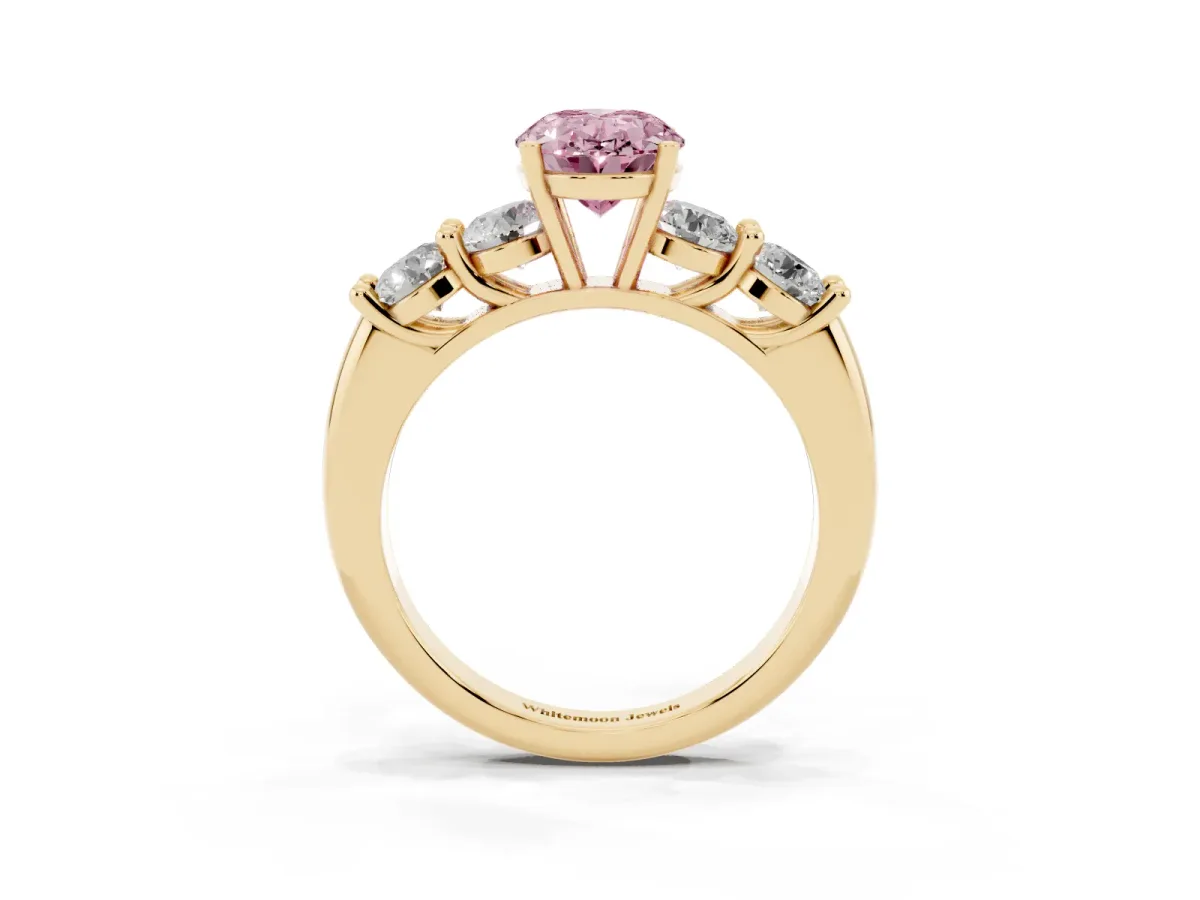 Fancy Pink Oval Cut Cut Five-Stone Prong Set Diamond Ring with Classic Band Yellow gold
