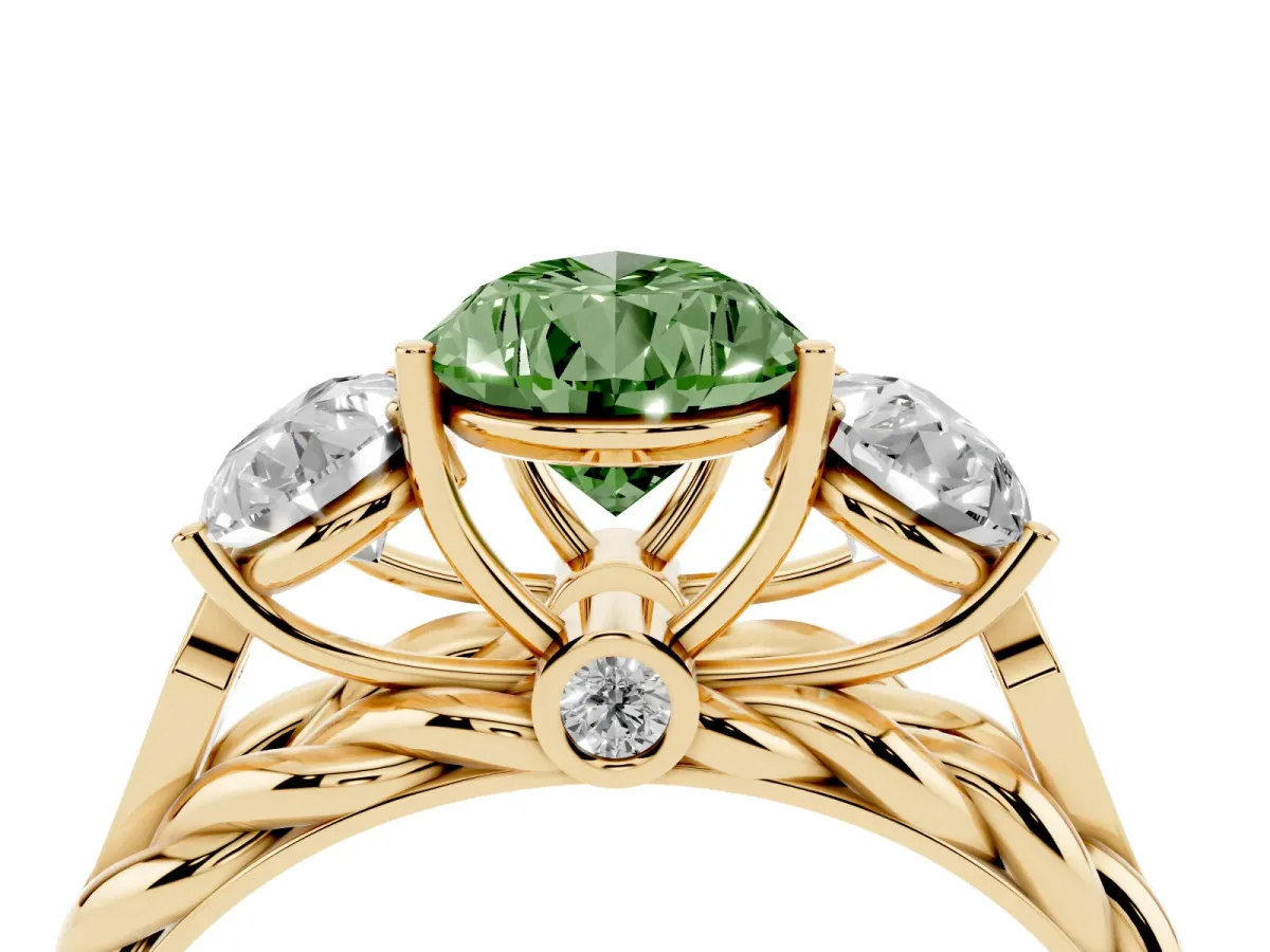 Fancy Green Three-Stone Pear Cut Diamond Braided Band Ring with Four-Prong Setting Yellow gold