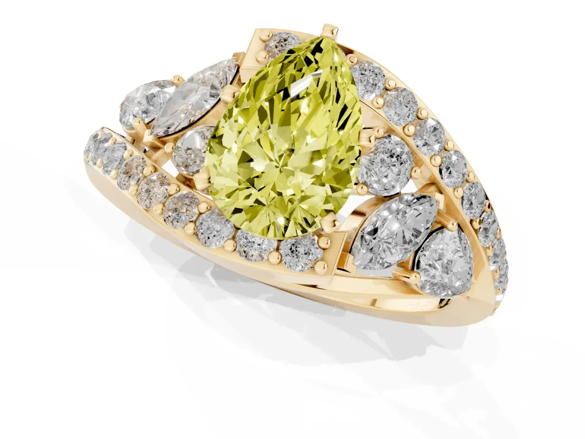 Fancy Yellow Pear Cut Diamond Halo Ring with Marquise and Pavé Band in Prong Setting Yellow gold