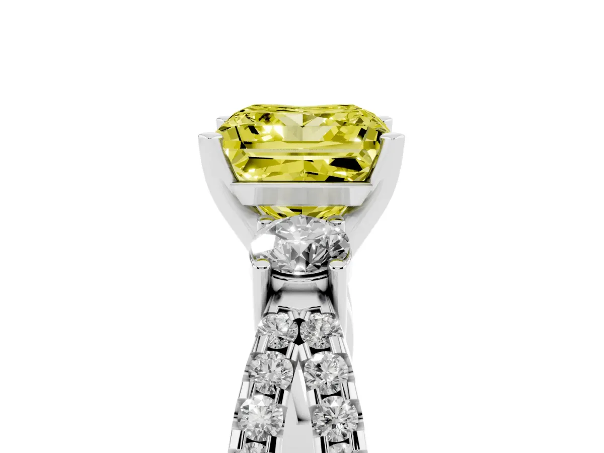Fancy Yellow Princess Cut Diamond Three-Stone Ring with Pavé Split Shank and Four-Prong Setting Platinum