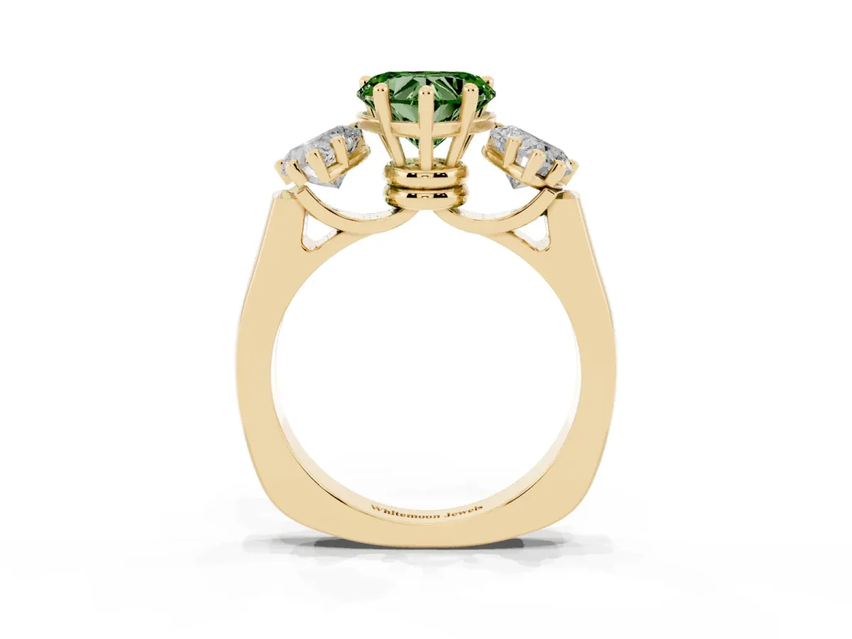 Fancy Green Three-Stone Heart Cut Brilliant Diamond Trellis Ring with Comfort Fit Band Yellow gold