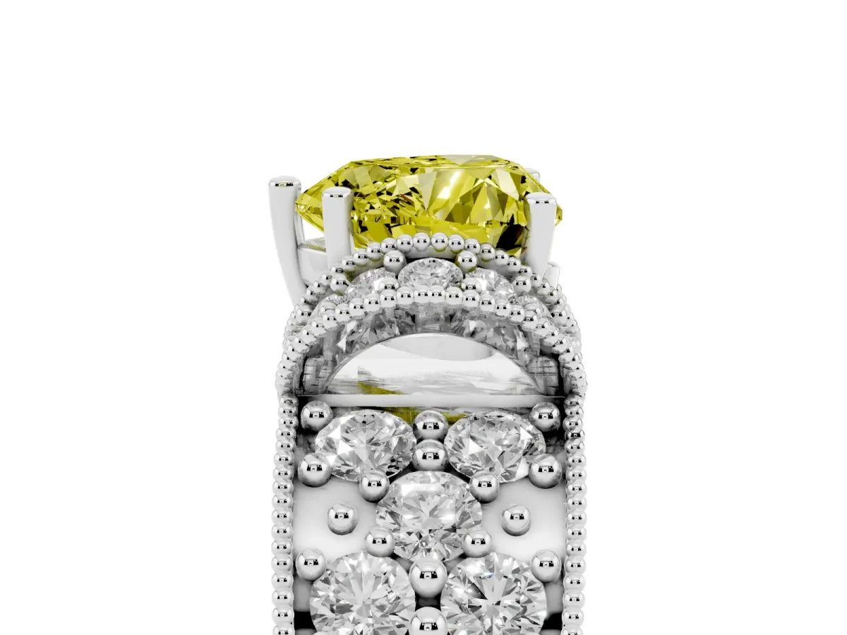 Fancy Yellow Heart Cut Halo Pave Diamond Engagement Ring with Milgrain Detailing White gold