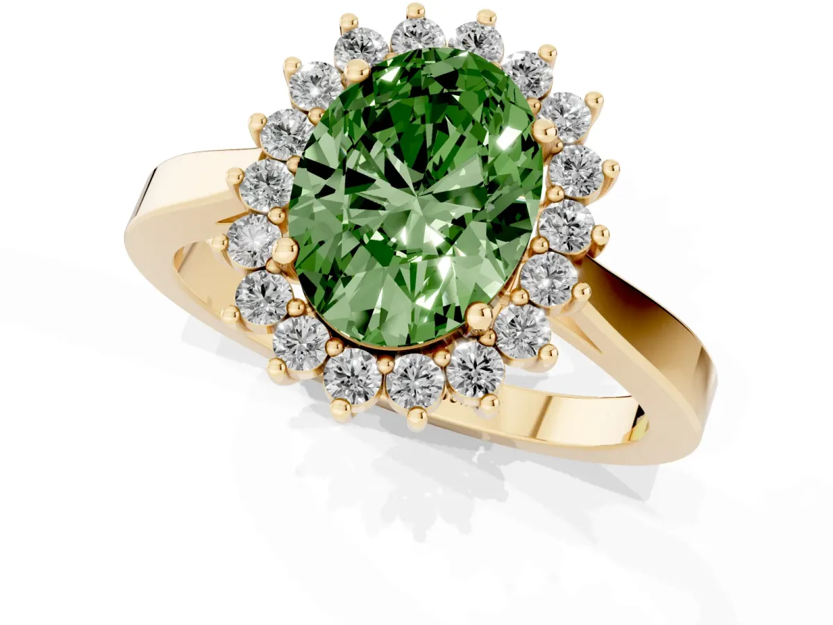 Fancy Green Oval Cut Cut Diamond Halo Ring with Round Brilliant Halo and Solitaire Band Yellow gold