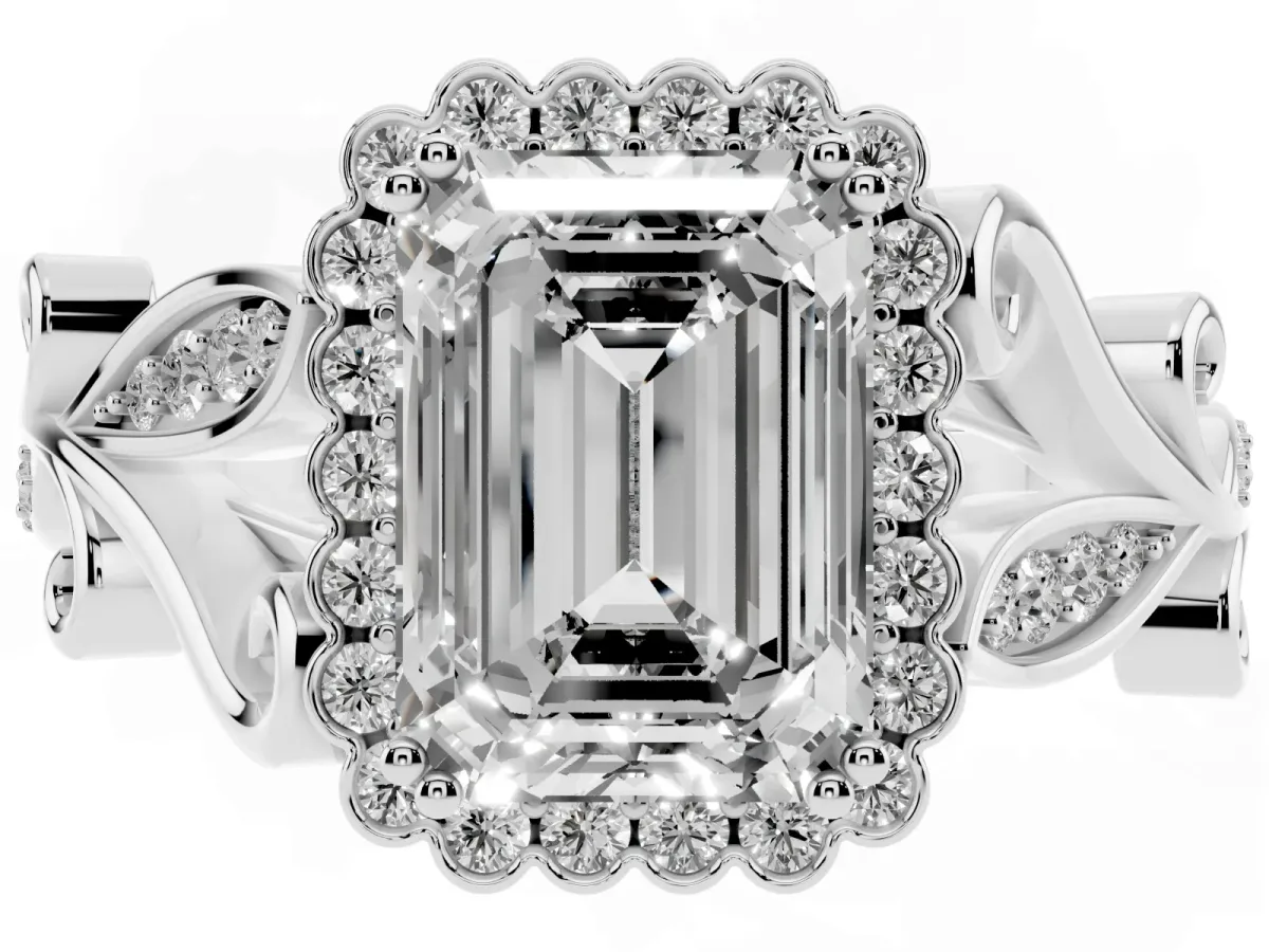 Emerald Cut Diamond Halo Ring with Vintage Split Shank and Four-Prong Setting Silver