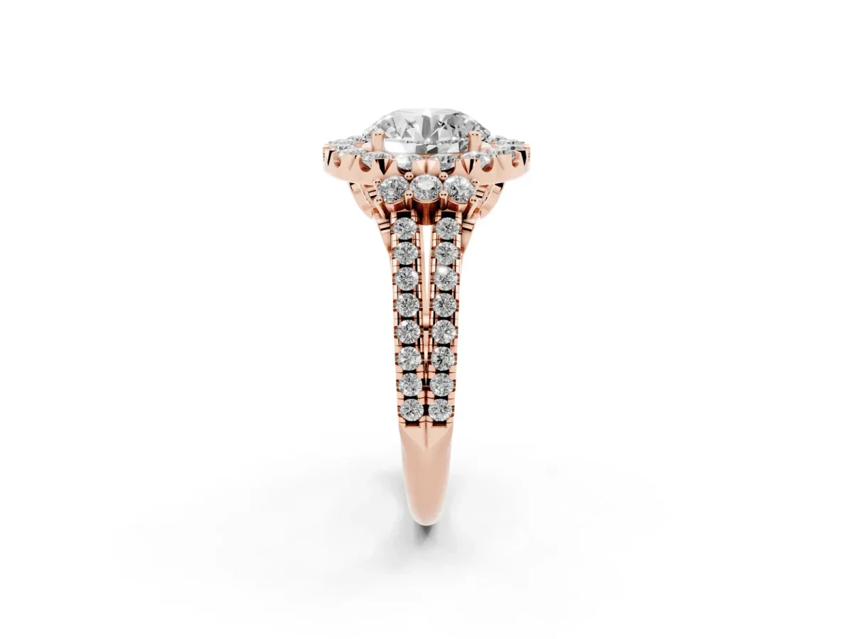 Round Cut Cut Double Halo Diamond Engagement Ring with Pave Band and Four-Prong Setting Rose gold