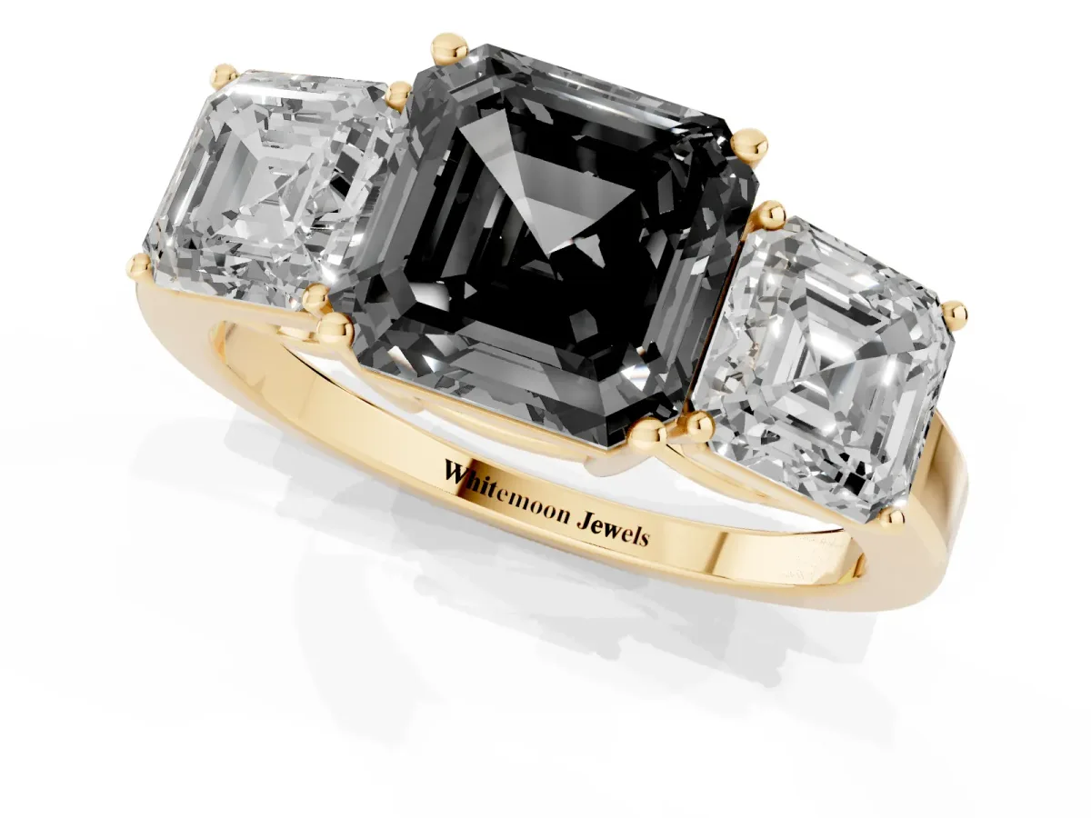 Fancy Black Three-Stone Asscher Cut Cut Diamond Engagement Ring with Flat Band and Four-Prong Setting Yellow gold