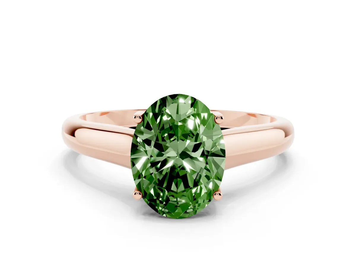 Fancy Green Oval Cut Solitaire Engagement Ring with Tapered Band and Four-Prong Setting Rose gold