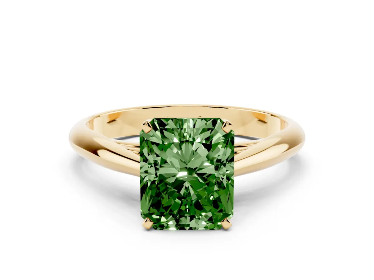 Fancy Green Radiant Cut Diamond Solitaire Engagement Ring with Cathedral Setting and Four-Prong Mount Yellow gold