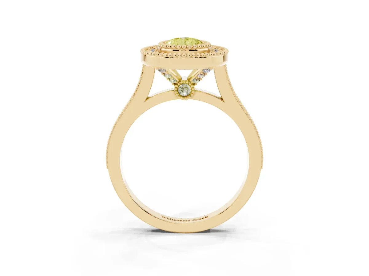 Fancy Yellow Pear Cut Diamond Halo Ring with Milgrain Frame and Pavé Band Yellow gold