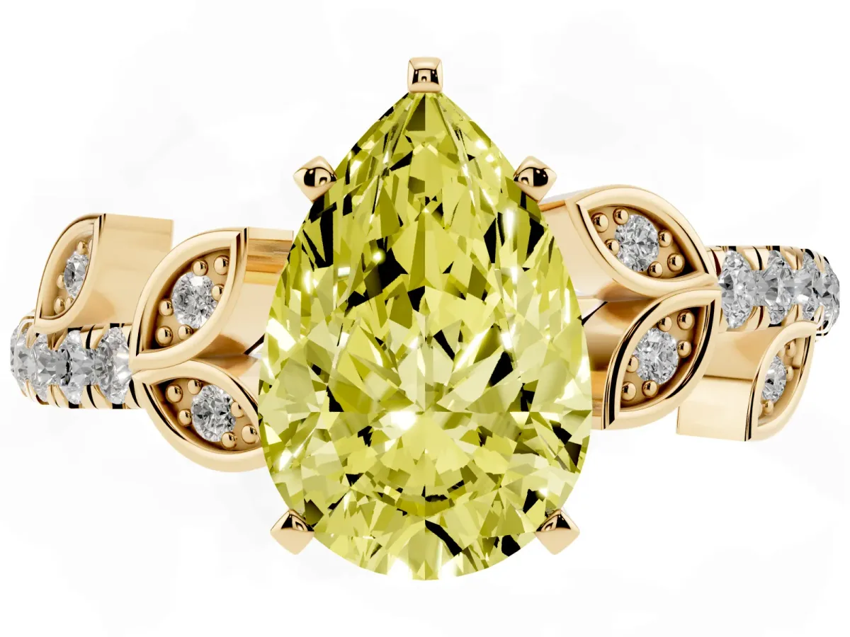 Fancy Yellow Pear Cut Solitaire Leaf-Inspired Diamond Ring with Pavé Band and Four-Prong Setting Yellow gold