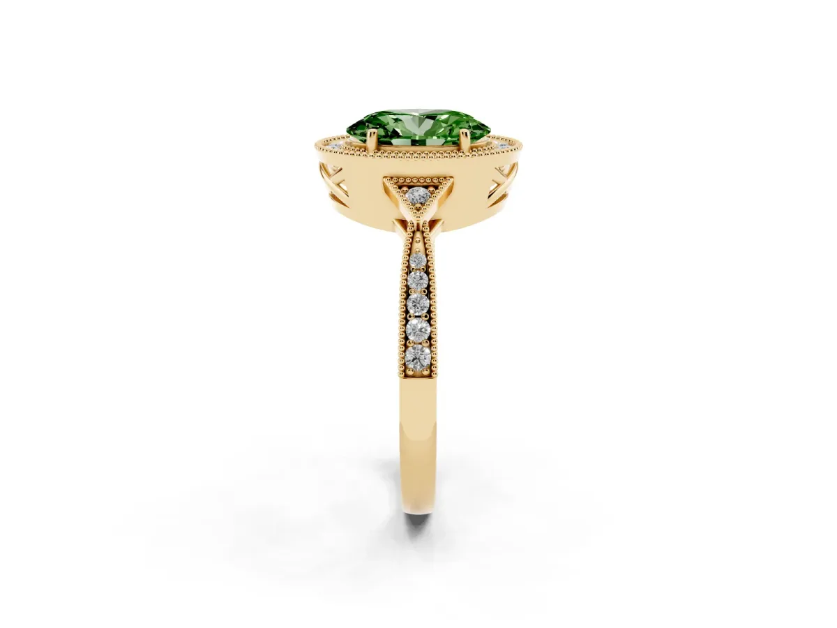 Fancy Green Oval Cut Halo Round Diamond Milgrain Pave Engagement Ring Yellow gold