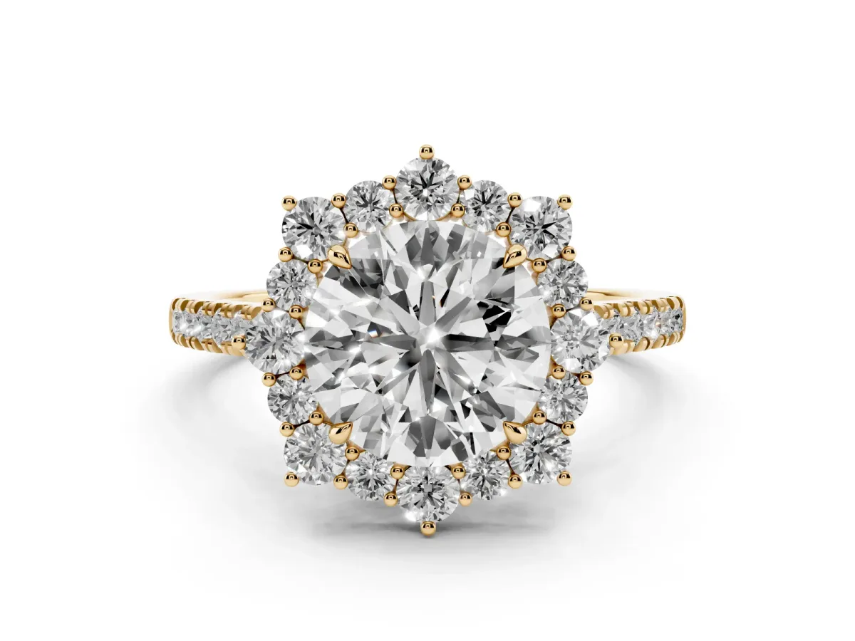 Round Cut Halo Diamond Ring with Pavé Band and Prong Setting Yellow gold