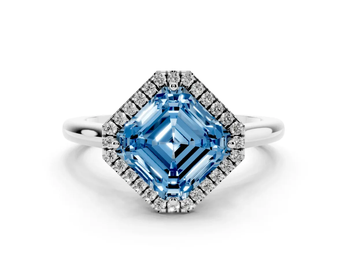 Fancy Blue Asscher Cut Halo Round Diamond Solitaire Engagement Ring with Pave Band and Four-Prong Setting White gold