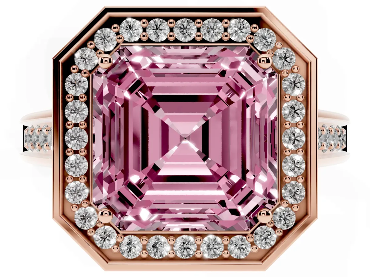 Fancy Pink Asscher Cut Halo Solitaire Diamond Ring with Pave Band and Bezel Setting Rose gold