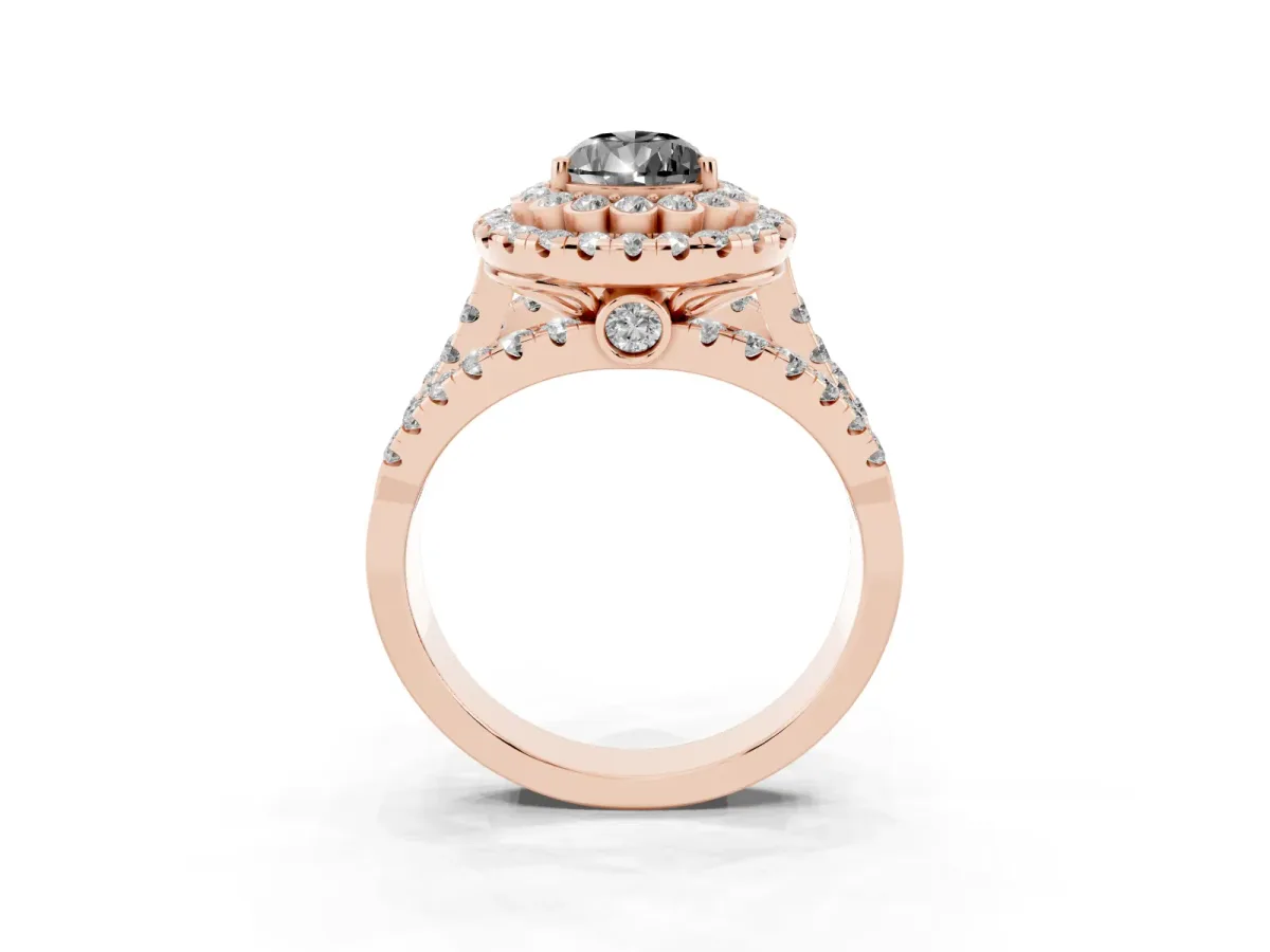 Fancy Black Pear Cut Diamond Double Halo Ring with Round Pavé Split Shank and Prong Setting Rose gold