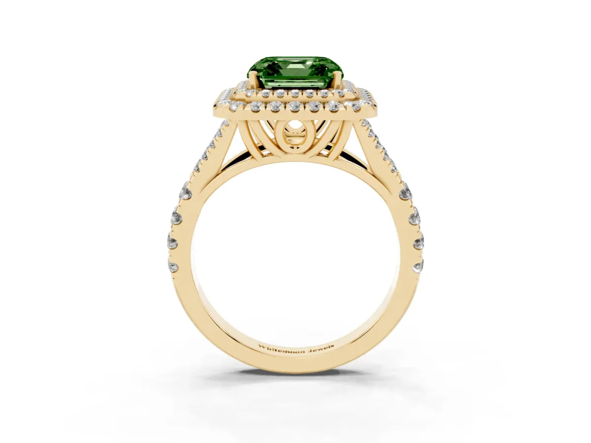 Fancy Green Asscher Cut Cut Double Halo Split Shank Diamond Ring with Prong Setting Yellow gold