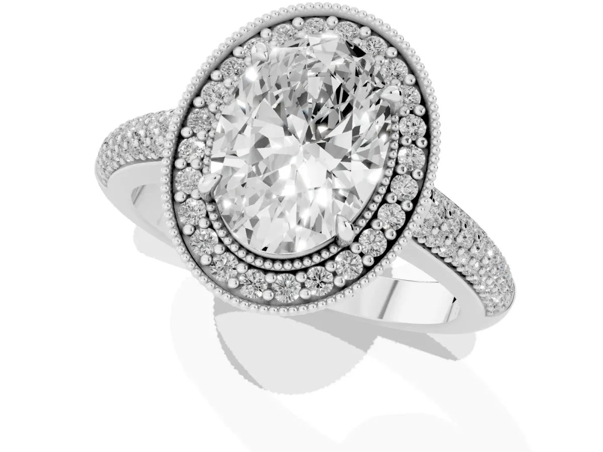 Oval Cut Cut Halo Diamond Pave Band with Four-Prong Setting Silver
