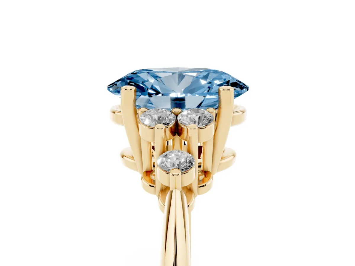 Fancy Blue Oval Cut Cut Diamond Cluster Ring with Solitaire Band and Four-Prong Setting Yellow gold