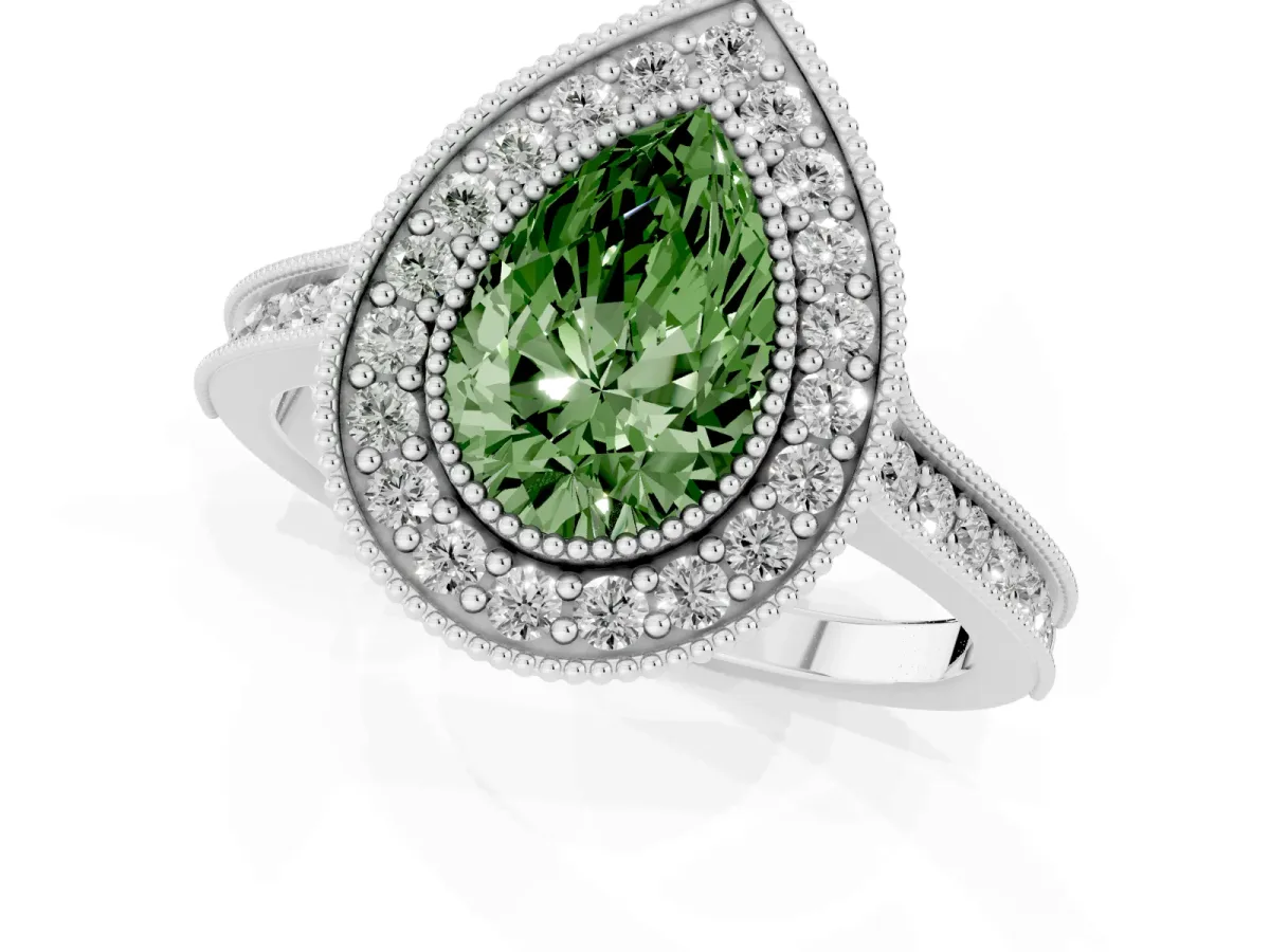 Fancy Green Halo Pear Cut-Cut Diamond Pave Band Milgrain Prong Setting Ring Platinum
