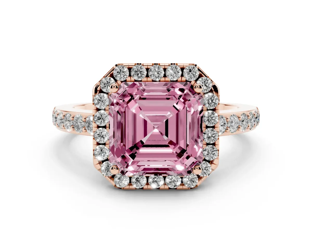 Fancy Pink Asscher Cut Halo Diamond Pavé Band Ring with Prong Setting Rose gold