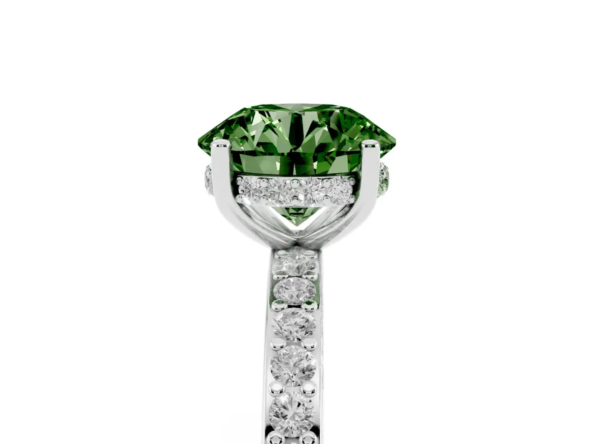 Fancy Green Round Cut Cut Diamond Pavé Band Ring with Four-Prong Setting Platinum