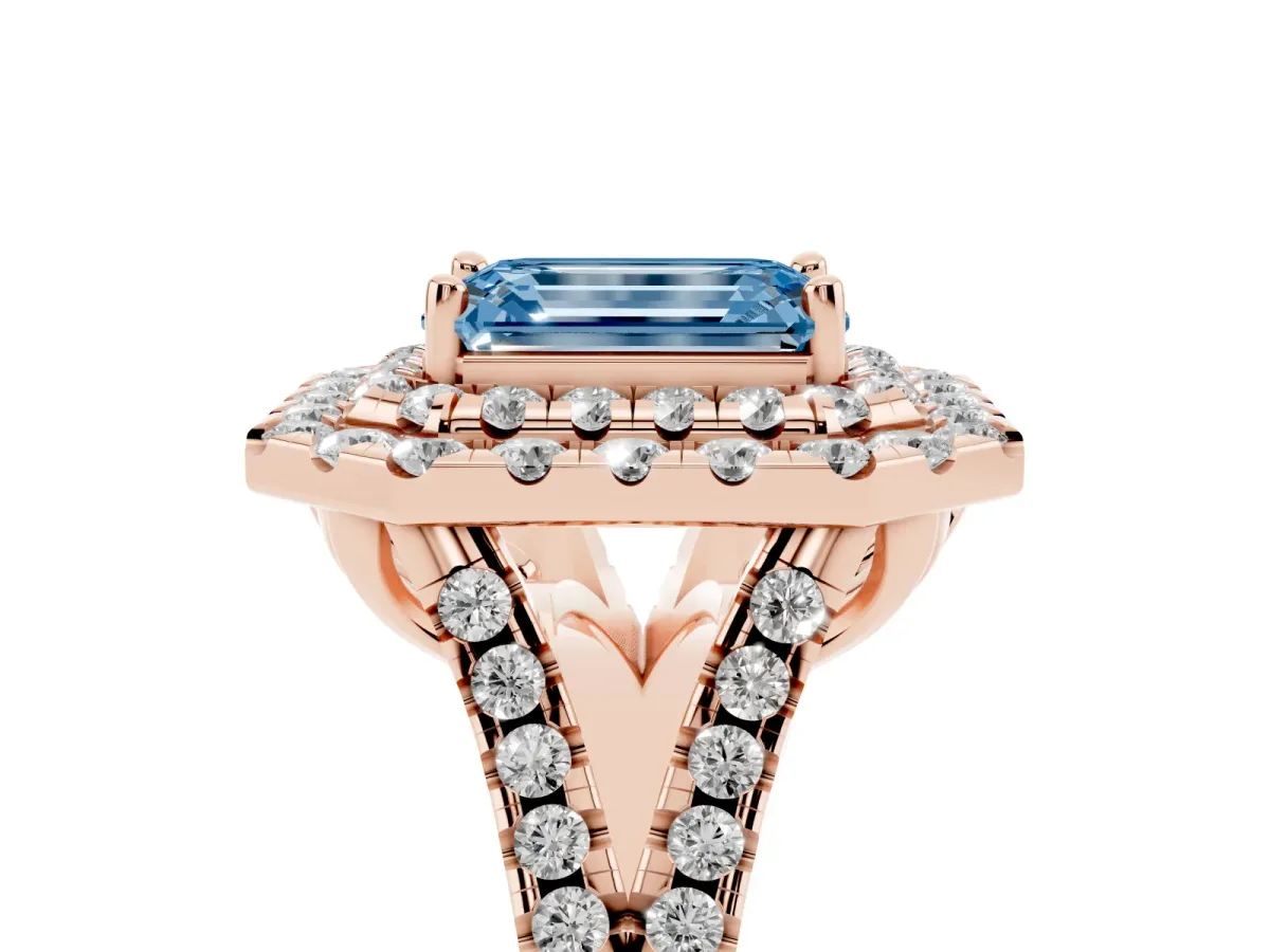 Fancy Blue Double Halo Emerald Cut Diamond Pavé Split Shank Ring with Prong Setting Rose gold
