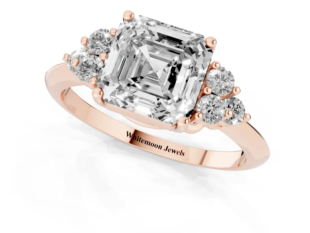 Asscher Cut Cut Diamond Cluster Ring with Solitaire Band and Four-Prong Setting Rose gold