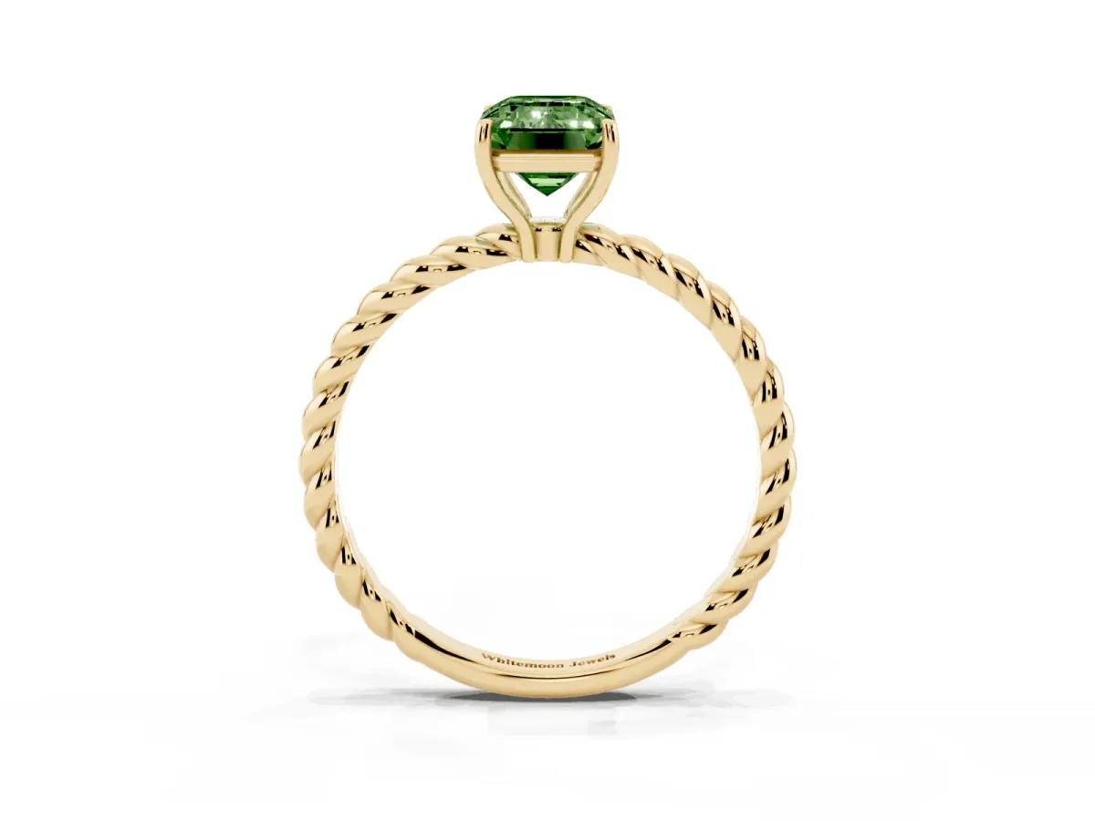 Fancy Green Emerald Cut Solitaire Twist Band Ring with Four-Prong Setting Yellow gold