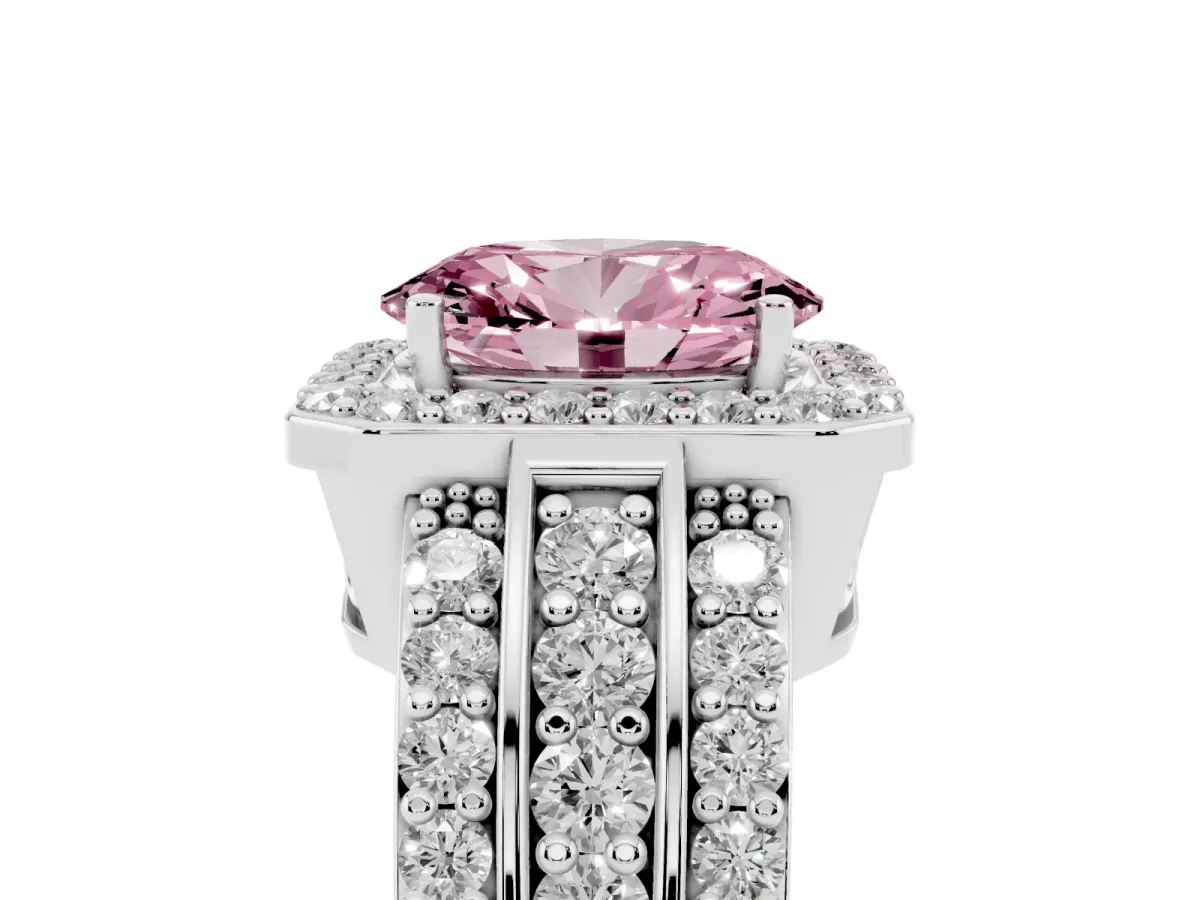 Fancy Pink Oval Cut Halo Diamond Ring with Round Split Shank and Prong Setting Platinum
