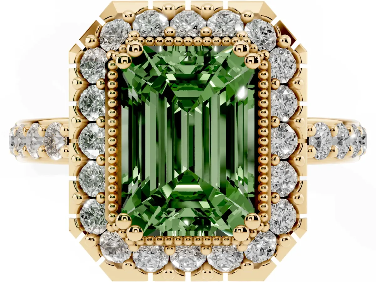 Fancy Green Emerald Cut Diamond Halo Ring with Pavé Band and Prong Setting Yellow gold
