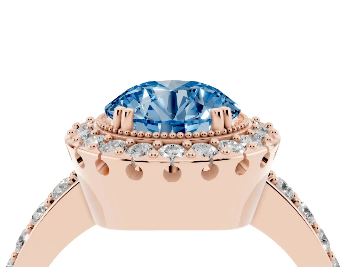 Fancy Blue Round Cut Diamond Halo Ring with Pavé Band and Prong Setting Rose gold