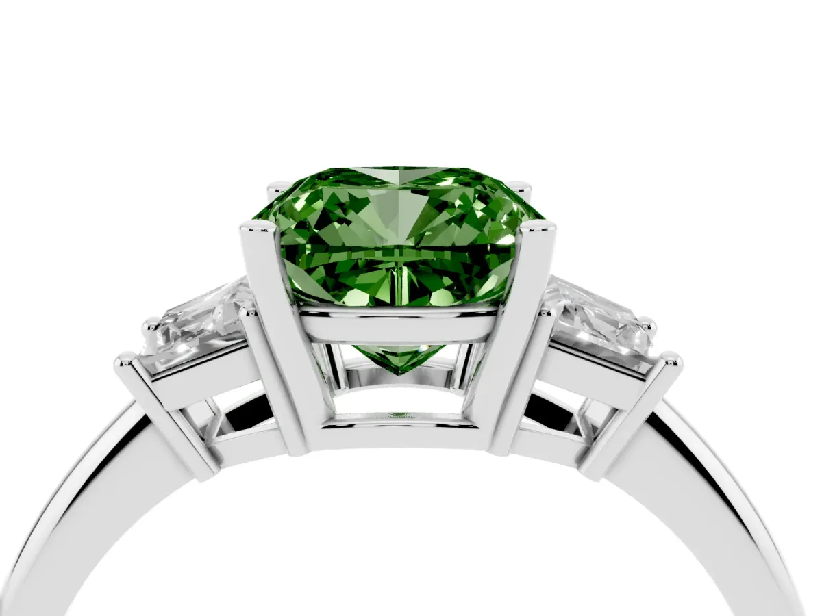 Fancy Green Cushion Cut Diamond Three-Stone Ring with Trapezoid Side Stones and Prong Setting Silver