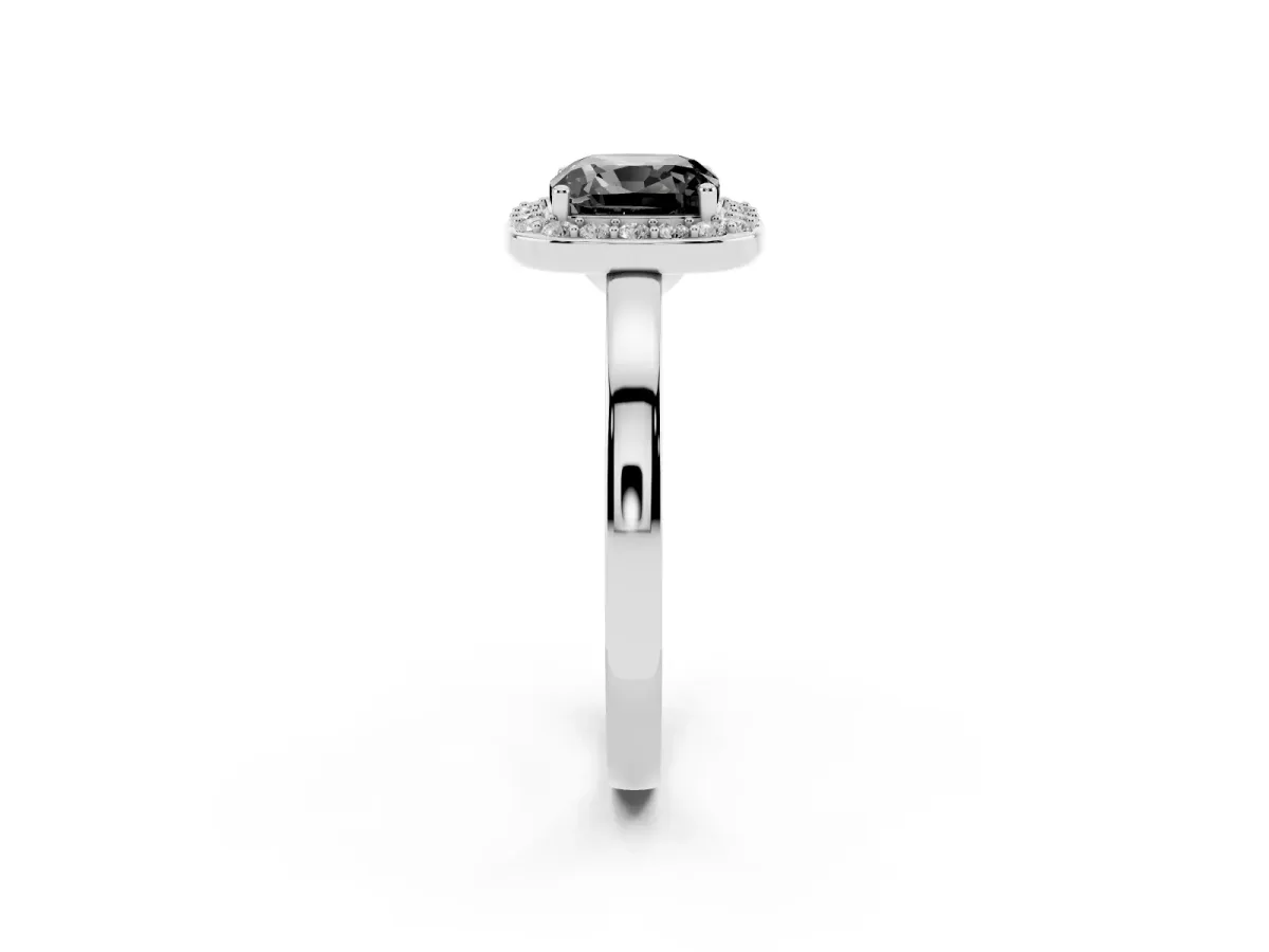 Fancy Black Cushion Cut Halo Diamond Ring with Solitaire Band and Prong Setting Platinum