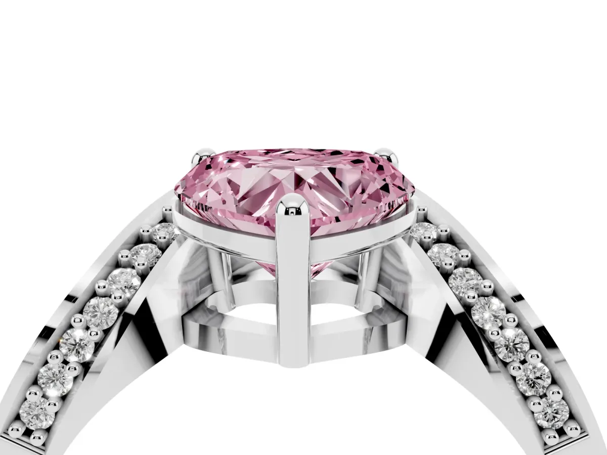Fancy Pink Heart Cut Solitaire Diamond Engagement Ring with Pave Band and Four-Prong Setting Platinum