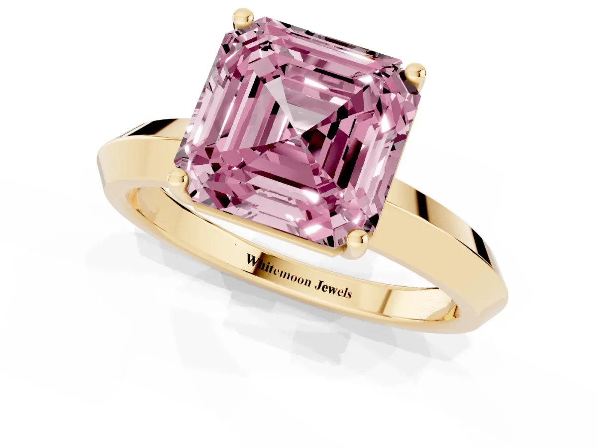 Fancy Pink Asscher Cut Cut Solitaire Engagement Ring with Flat Band and Four-Prong Setting Yellow gold