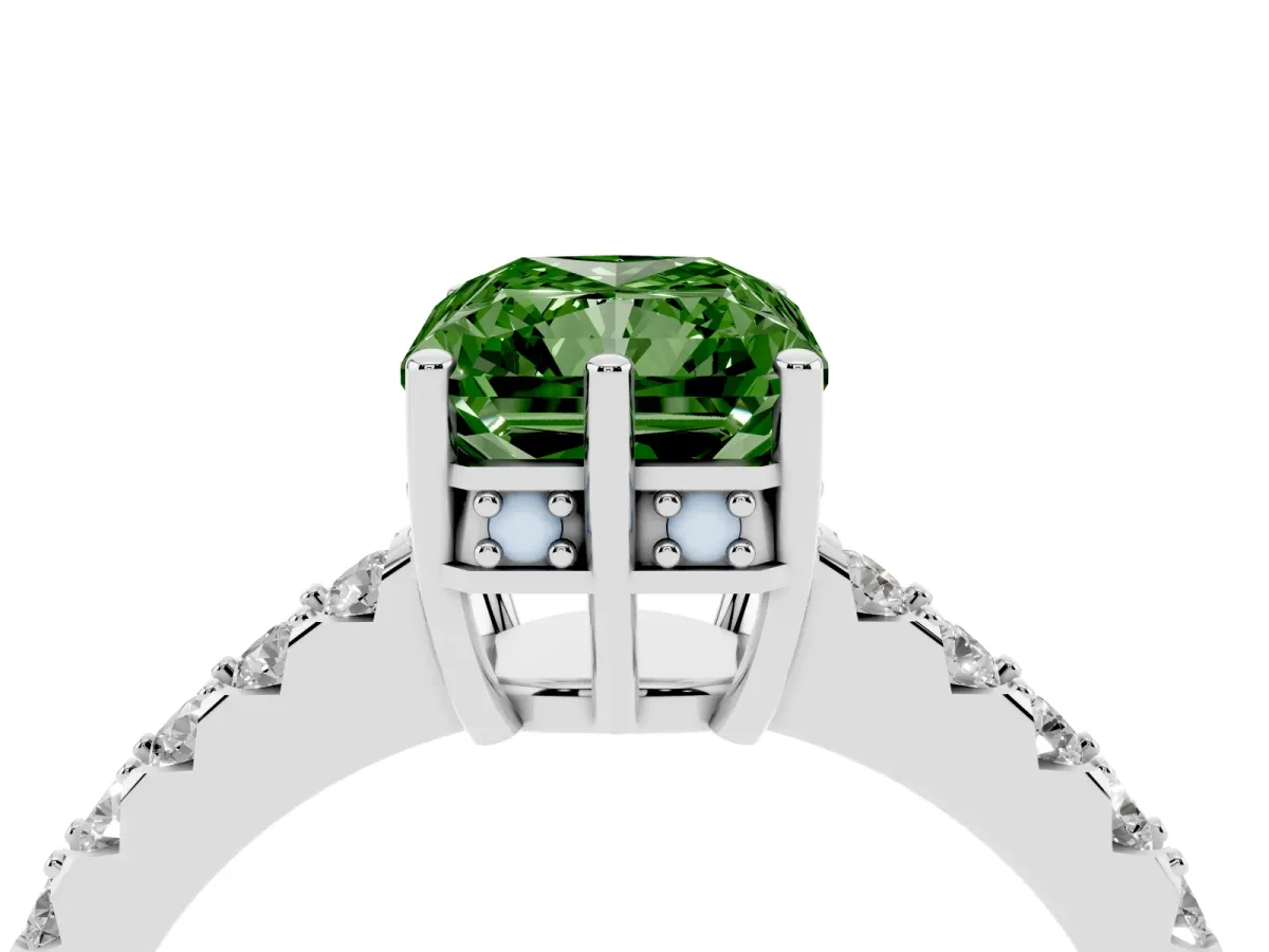 Fancy Green Radiant Cut Solitaire Diamond Engagement Ring with Pavé Band and Six-Prong Setting Platinum