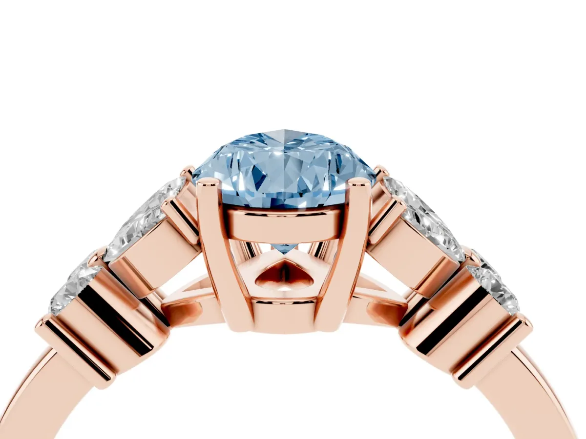 Fancy Blue Pear Cut Diamond Floral Cluster Ring with Solitaire Band and Prong Setting Rose gold