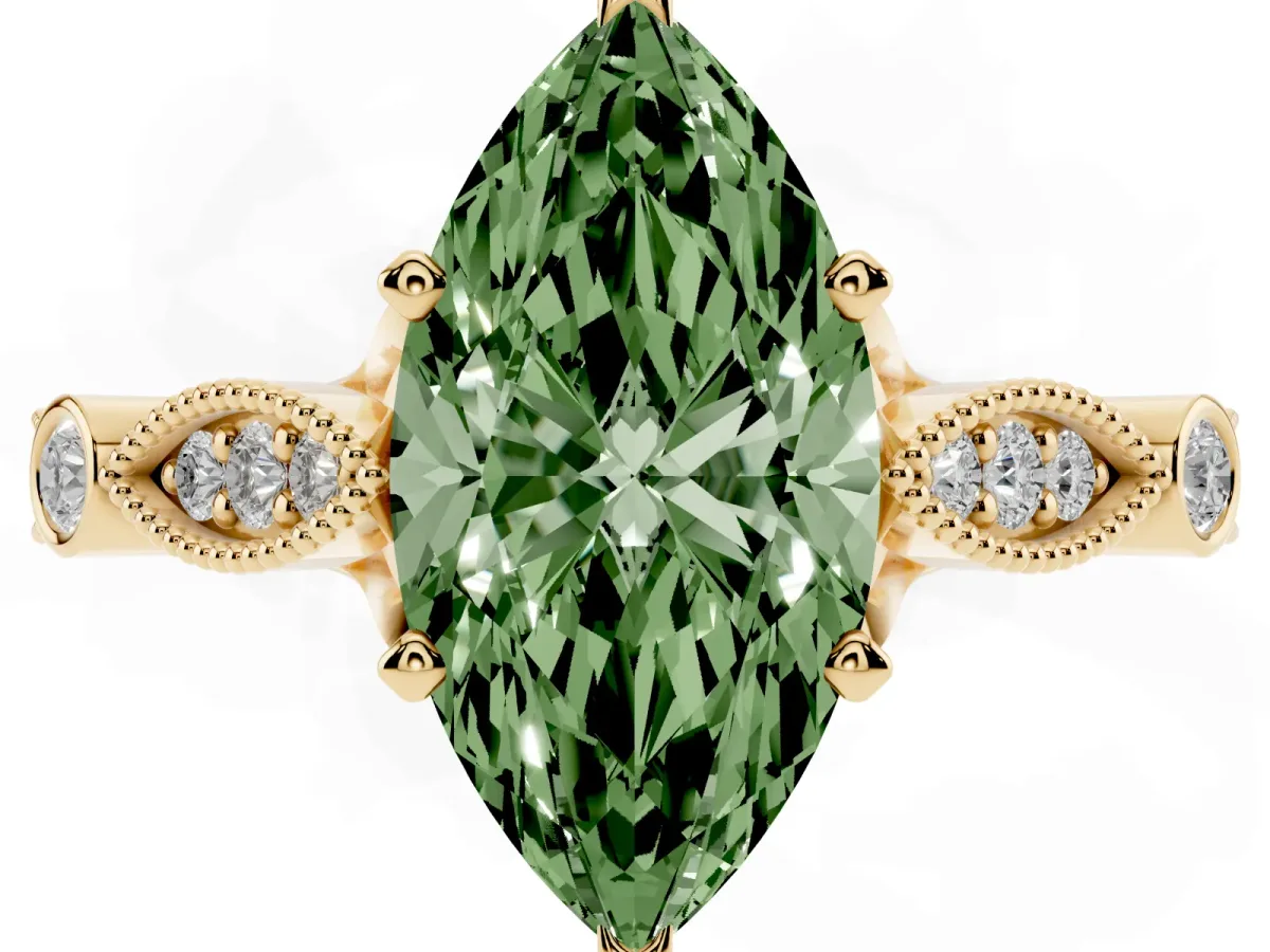 Fancy Green Marquise Cut Cut Diamond with Milgrain Marquise and Bezel Accents on a Solitaire Band with Prong Setting Yellow gold