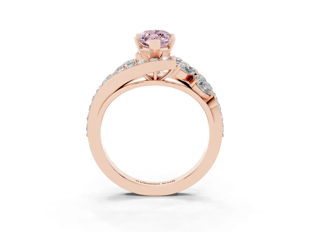Fancy Pink Marquise Cut Diamond Halo Ring with Marquise and Pavé Band in Prong Setting Rose gold