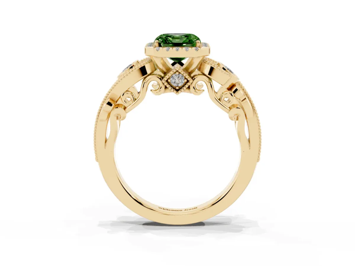 Fancy Green Asscher Cut Halo Diamond Ring with Milgrain and Bezel Accents on a Split Shank Band Yellow gold