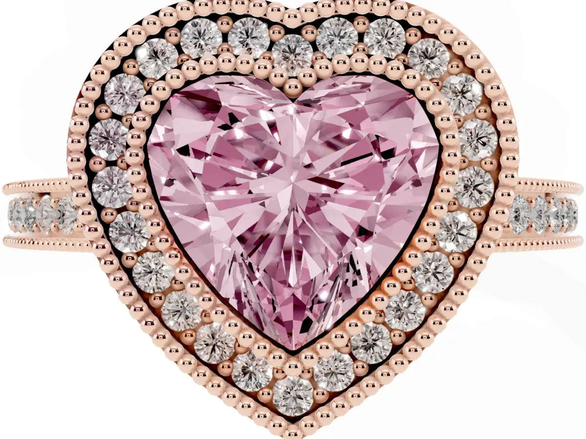 Fancy Pink Heart Cut Cut Halo Diamond Ring with Pavé Band and Milgrain Prong Setting Rose gold