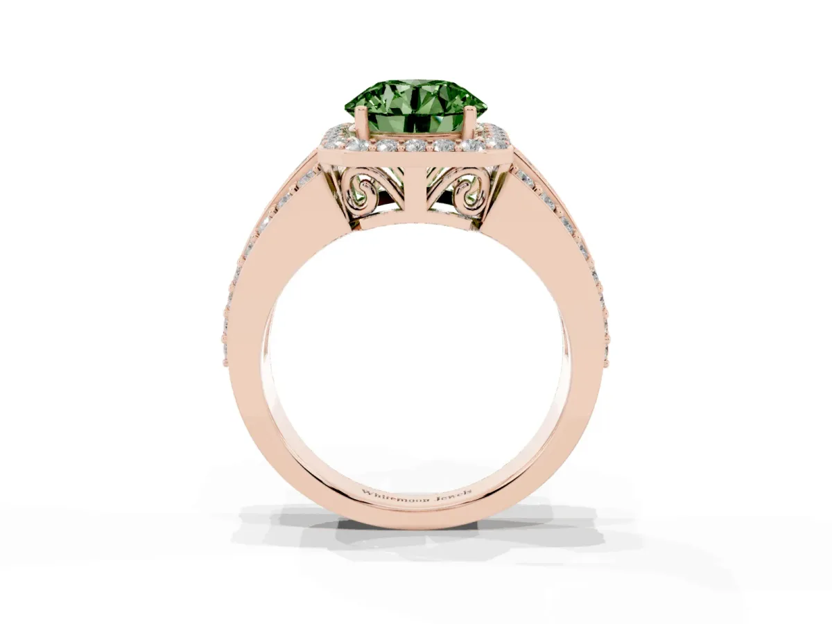 Fancy Green Round Cut Halo Diamond Ring with Round Split Shank and Prong Setting Rose gold